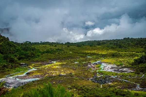 Bereketli yeşillik ve sisli gökyüzü ile çevrili San Juan, Purace 'deki termal kaynakların sakin manzarası, eko-turizm ve rahatlama için mükemmel.