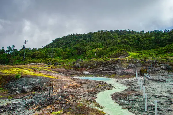 San Juan, Purac, Cauca 'daki doğal termal kaynaklar bulutlu bir gökyüzünün altında yemyeşil ve dingin suları sergiliyor.