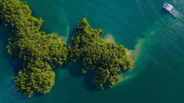 Guatape, Antioquia 'daki berrak mavi sularla çevrili yemyeşil adaların çarpıcı hava görüntüsü. Kolombiya turizmi için mükemmel.