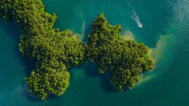 Guatape, Antioquia, Kolombiya 'da turkuaz sularla çevrili yemyeşil adaları gösteren çarpıcı bir hava manzarası.