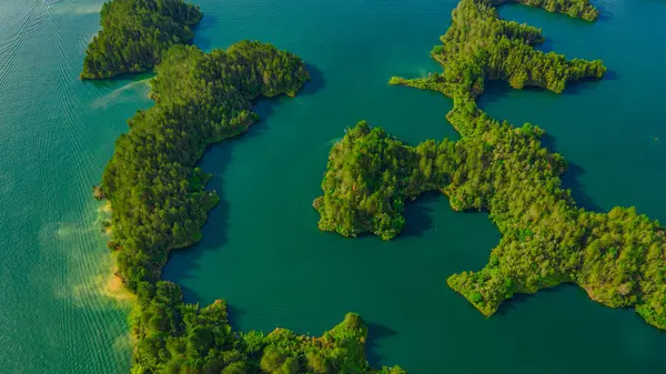 Antioquia, Kolombiya 'daki yemyeşil yemliklerle çevrili Guatape Gölü' nün çarpıcı hava manzarası bölgenin doğal güzelliğini vurguluyor.