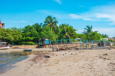 Rincon del Mar, Sucre, Kolombiya 'da yemyeşil yemyeşil yeşeren ahşap bir köprüye sahip güzel bir kumsal manzarası.