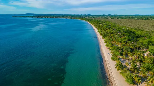 Rincon del Mar plajının panoramik hava manzarası, Sucre, Kolombiya 'da berrak turkuaz suları ve yemyeşil palmiye ağaçları sergiliyor.
