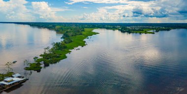 Amazon Nehri 'nin çarpıcı hava manzarası Leticia, Kolombiya' daki yemyeşil tropikal ormanlarda dolaşırken canlı biyolojik çeşitlilik sergiliyor..