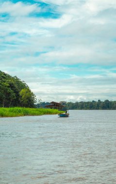 Amazon Nehri 'nin, yemyeşil yeşilliğin ve Leticia, Kolombiya' da bölgenin çarpıcı biyolojik çeşitliliğini vurgulayan küçük bir teknenin ele geçirildiği sakin bir manzara..