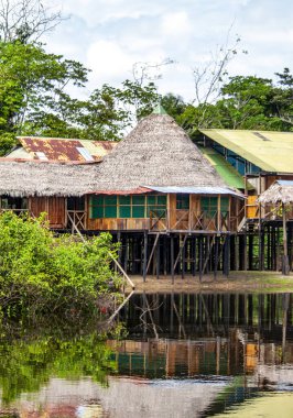 Çiçekli yeşilliklerle çevrili ve Leticia, Amazonas, Kolombiya 'nın sakin sularına yansıyan ayaklıklar üzerinde geleneksel bir Amazon kulübesinin pitoresk bir görüntüsü..