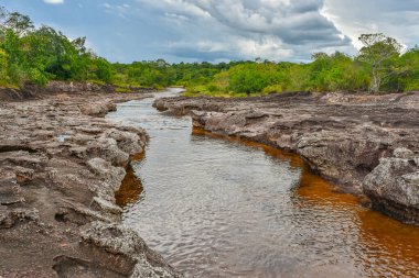 Bereketli bitki örtüsüyle çevrili kayalık arazide akan sakin bir nehir Guaviare, Kolombiya 'nın doğal güzelliğini gözler önüne seriyor.