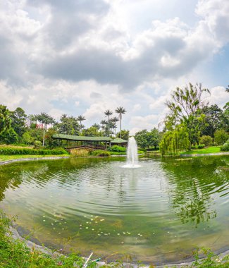 Bogot Botanik Bahçesi 'nde sakin bir manzara. İçinde bir çeşme, yemyeşil yemyeşil ve mavi gökyüzünün altında huzurlu bir gölet var.