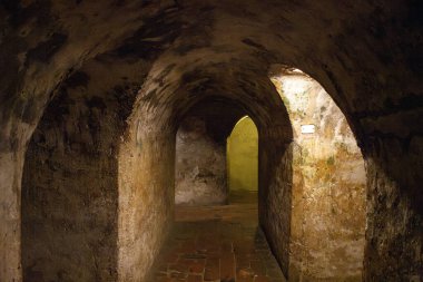 Kartagena, Kolombiya 'daki San Felipe Şatosu' ndaki eski yeraltı geçidini araştırın. İçinde yıpranmış taş duvarlar ve kemerli tavanlar var.