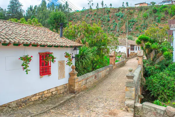 Mongui, Boyac, Kolombiya 'da çanak çömlek ve yeşillikle süslenmiş canlı bir duvar, yerel işçilik ve doğal güzellik sergiliyor..