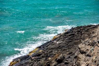 Cabo de la Vela, La Guajira, Kolombiya yakınlarında canlı turkuaz sularla çevrili bir kaya oluşumunun huzurlu bir görüntüsü..