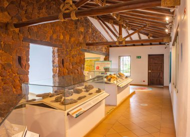 Villa de Leyva, Boyac, Kolombiya 'daki Museo el Fsil' in duvarında bir ammonitin detaylı fosili sergilendi..