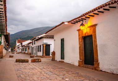 Canlı çiçeklerle vurgulanan bir büst, Villa de Leyva, Boyaca, Kolombiya 'daki dağlara karşı, pitoresk bir manzara yaratıyor..