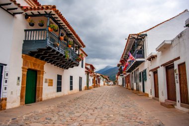 Canlı çiçeklerle vurgulanan bir büst, Villa de Leyva, Boyaca, Kolombiya 'daki dağlara karşı, pitoresk bir manzara yaratıyor..