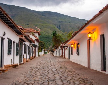 Canlı çiçeklerle vurgulanan bir büst, Villa de Leyva, Boyaca, Kolombiya 'daki dağlara karşı, pitoresk bir manzara yaratıyor..