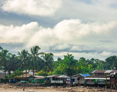 Bahia Malaga, Valle del Cauca, Kolombiya 'da kasvetli bir gökyüzünün altında dalgalarla çevrili sakin bir ada manzarası..
