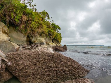 Bahia Malaga, Valle del Cauca, Kolombiya 'da kasvetli bir gökyüzünün altında dalgalarla çevrili sakin bir ada manzarası..