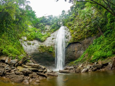 Bahia Malaga, Valle del Cauca, Kolombiya 'da kasvetli bir gökyüzünün altında dalgalarla çevrili sakin bir ada manzarası..