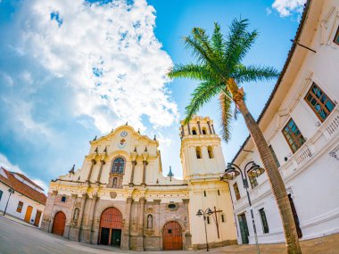 Parlak mavi gökyüzünün altında Popayn, Cauca, Kolombiya 'da palmiye ağaçları olan koloni binalarının çarpıcı manzarası..