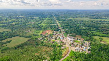 Yeşilin yemyeşil manzarası ve Putumayo, Kolombiya 'nın küçük bir kasabasının çarpıcı hava manzarası, doğanın ortasında kırsal yaşamı gözler önüne seriyor..