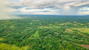 Geniş yeşil ve canlı Putumayo, Kolombiya manzaralarını bulutlu bir gökyüzünün altında gösteren nefes kesici bir hava manzarası..
