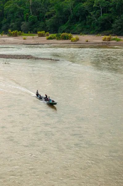 Bir tekne, Kolombiya 'nın doğal ortamındaki yemyeşil yemyeşil sularla çevrili Putumayo Nehri' nin sakin sularını aşarak yolcuları taşıyor..