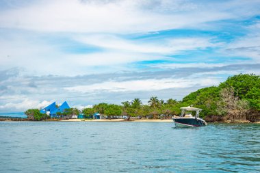 Kartagena, Kolombiya 'da yemyeşil ve renkli binaları olan bir tekneyi gösteren huzurlu bir sahil manzarası..