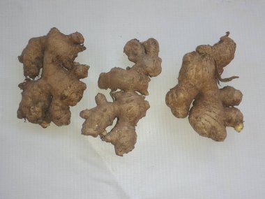 Beyaz arka planda Asya tropik taze zencefil. Üst görünüm.