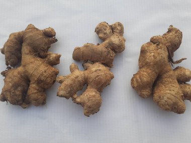 Beyaz arka planda Asya tropik taze zencefil. Üst görünüm.