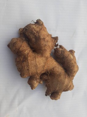 Beyaz arka planda Asya tropik taze zencefil. Üst görünüm.