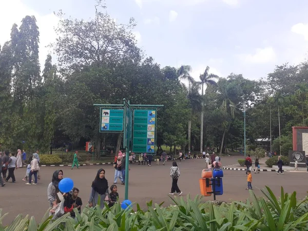 Jakarta, Endonezya, 18 Şubat 2023: Ragunan Vahşi Yaşam Ulusal Parkı 'na güzel, yeşil ve gölgeli doğanın ortasında insanlar veya ziyaretçiler için konfor ve sükunet ortamı.