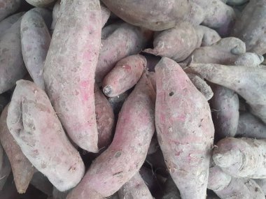 Tatlı patatesler (ipomoea batatas) geleneksel tüccarlar tarafından satılan toprakta çiğ. Yer elması bir tür ekilmiş bitkidir, kullanılan kısım yumru oluşturan kökler. Temel besin kaynaklarından biri..