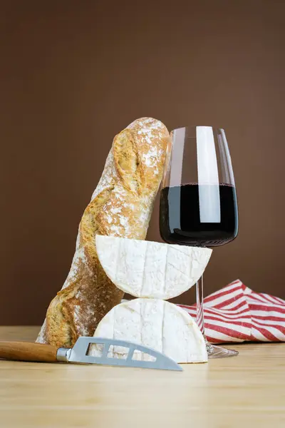 Minimalistic Composition Glass Red Wine Baguette Camembert Cheese — Stock Photo, Image