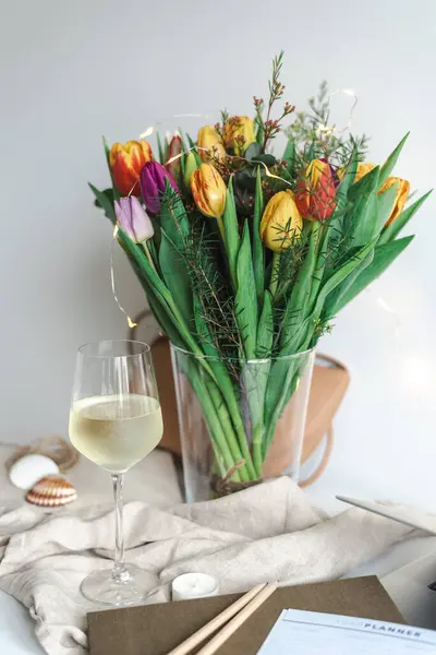 Still Life Bouquet Colorful Spring Tulips Glass White Wine Work — Stock Photo, Image