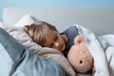 Anaokulu çocuğu oturma odasındaki kanepede uyur, oyuncak ayısına sarılır..