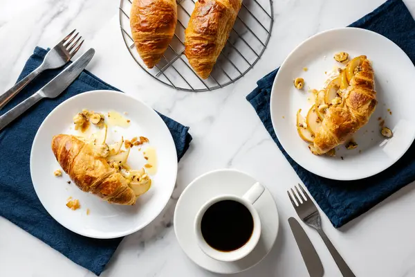 Morning Coffee Croissants Stuffed Caramelized Pear Hazelnuts Ricotta — Stock Photo, Image