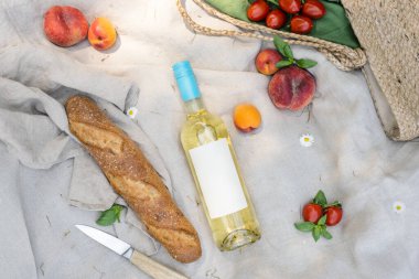 Bir şişe beyaz şarap ve piknik battaniyesinde taze meyve..