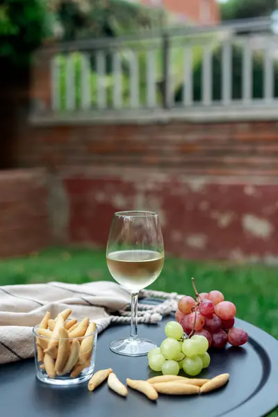 Szklanka Białego Wina Przystawkami Stole Ogrodowym — Zdjęcie stockowe