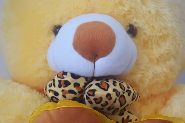 The face of the yellow teddy bear is big and very cute