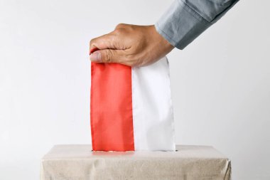 Birinin eli karton bir sandığa kırmızı beyaz bayrak çekmiş. Endonezya 'daki genel seçimlerin sembolü. İzole edilmiş beyaz arkaplan