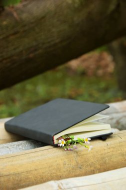 Bambuyla süslenmiş sarı çiçekli siyah bir defter, doğal bir arka plana ayarlanmış. Dünya Kitap Günü ve doğa temalı öğrenme için mükemmel..