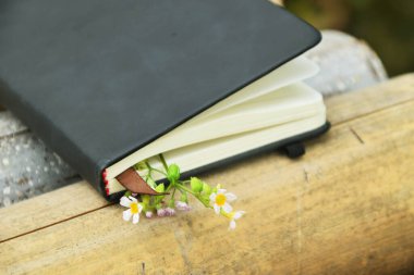 Bambu üzerine yerleştirilmiş siyah kitap ayırıcıları arasına yerleştirilmiş küçük sarı çiçekleri yakın plan, doğal bir arka plan. Dünya Kitap Günü ve doğa temalı öğrenme için ideal.