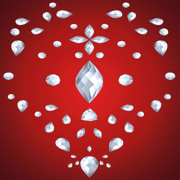 Ornamento Diamantes Forma Corazón Sobre Fondo Rojo — Archivo Imágenes Vectoriales