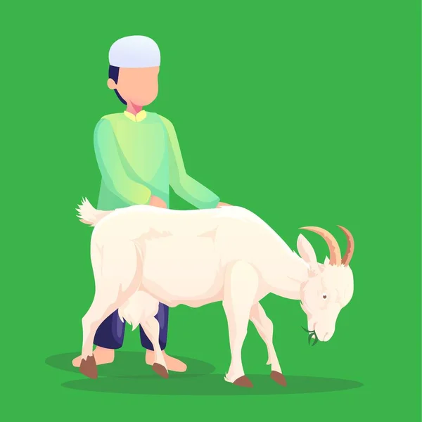 Chico Musulmán Pastando Una Cabra Césped — Vector de stock