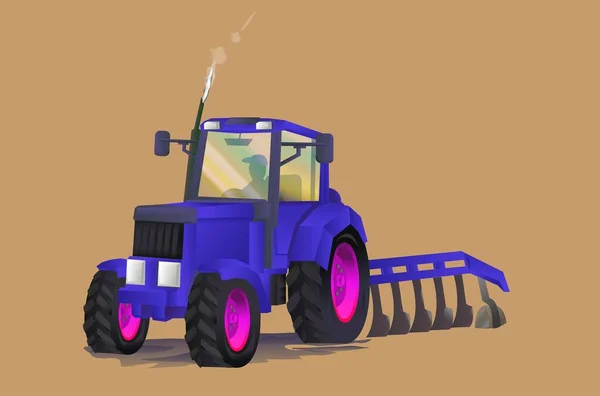 Blauer Traktor Mit Pflugvektorabbildung — Stockvektor