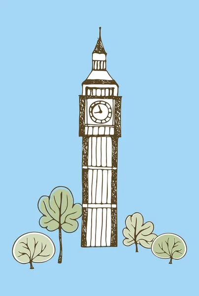 Big Ben Cartoon Stil Mit Bäumen — Stockvektor