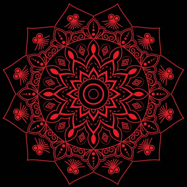 黑色背景的红色圆形花纹曼陀罗 — 图库矢量图片
