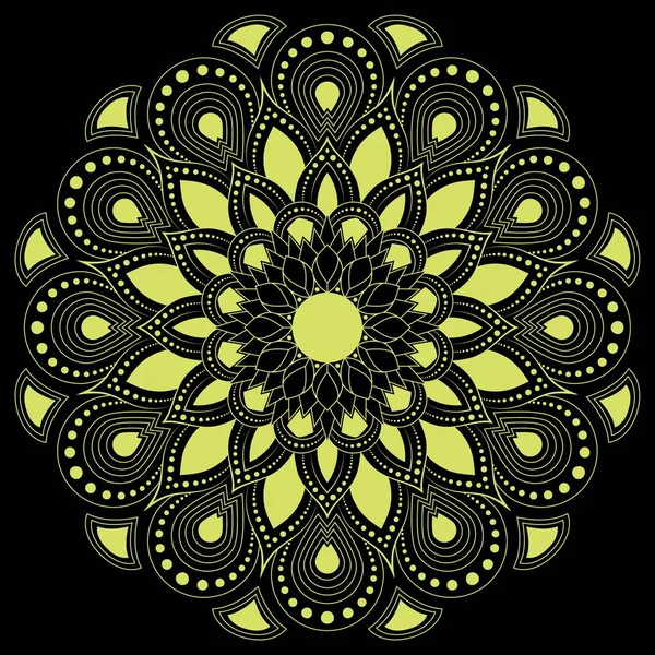 黑色背景的黄色圆形花纹曼陀罗 — 图库矢量图片