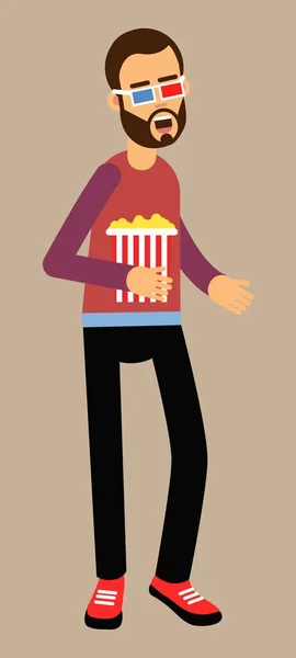 Man Met Popcorn Kwam Naar Bioscoop — Stockvector