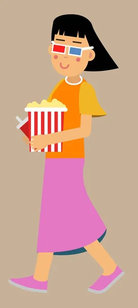 Femme Avec Pop Corn Est Venu Cinéma — Image vectorielle